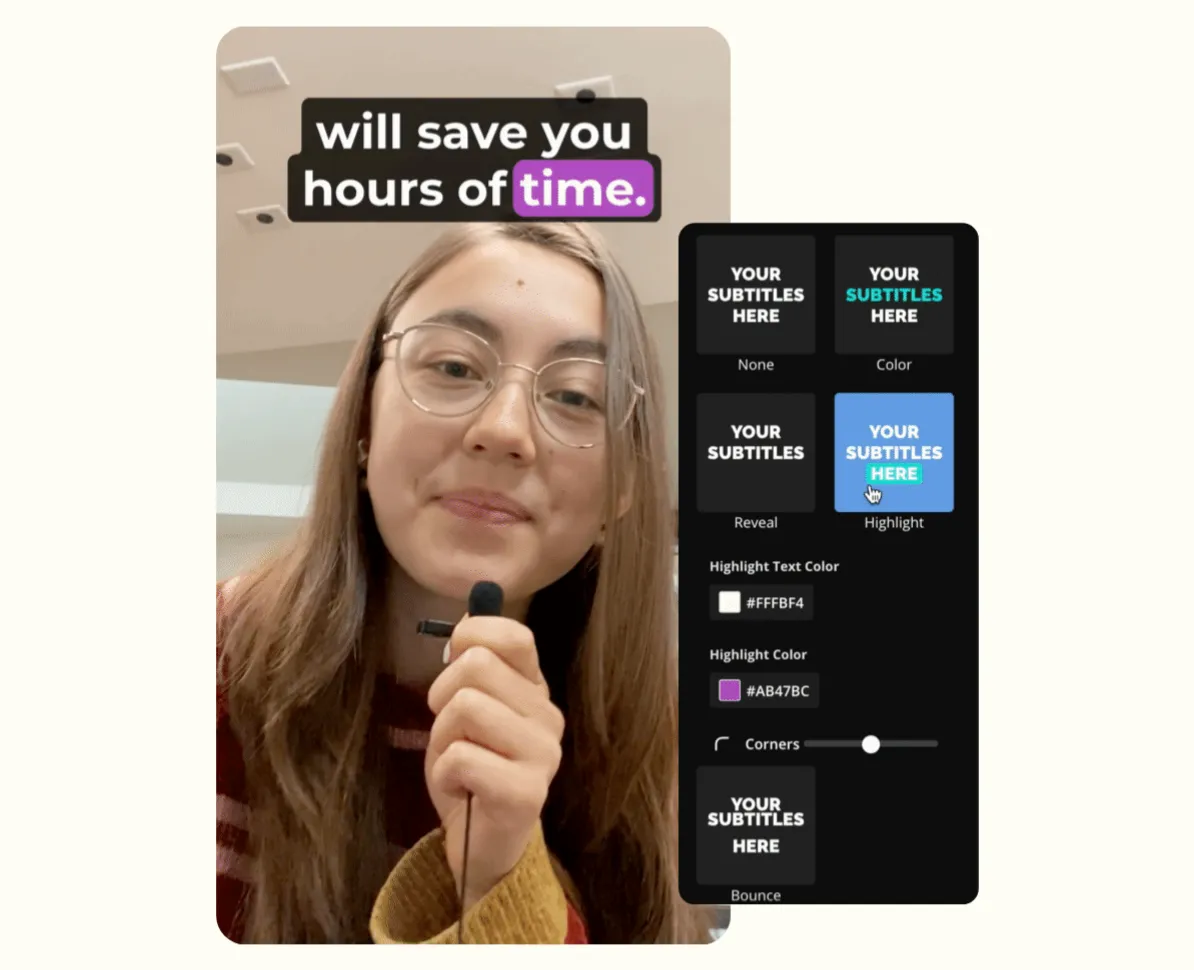 A woman speaking into a microphone with a layer showing subtitle customization options.