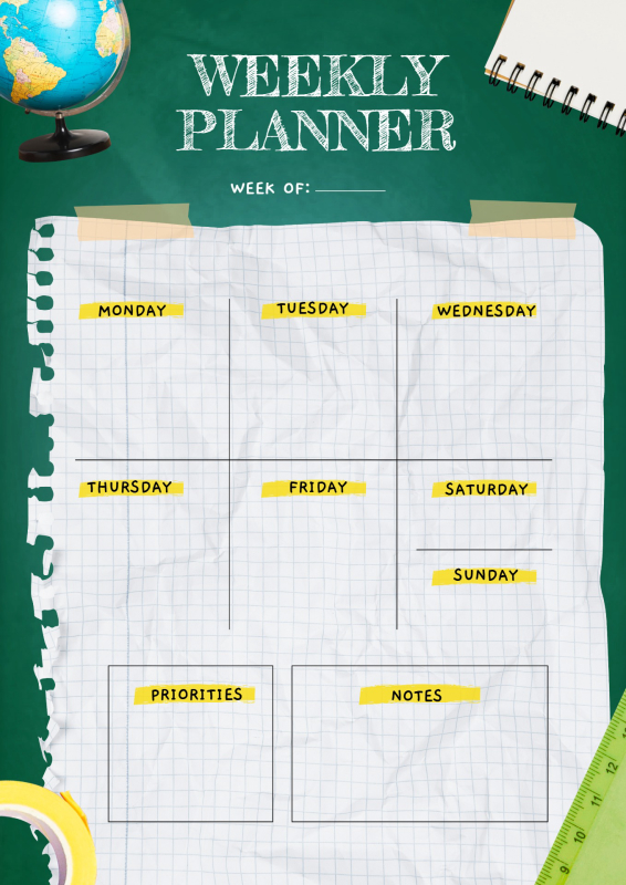 Academic-Themed Weekly Planner with Green Chalkboard Background