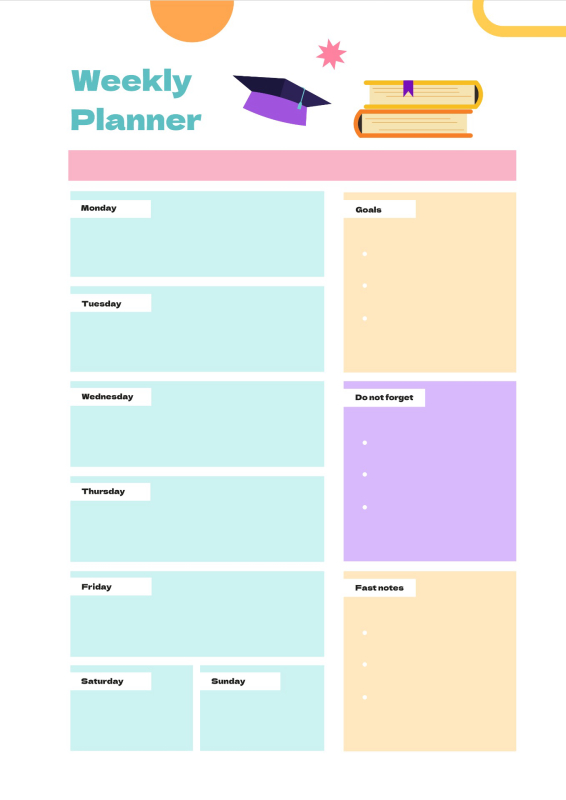 Academic-Themed Weekly Planner with Pastel Colors