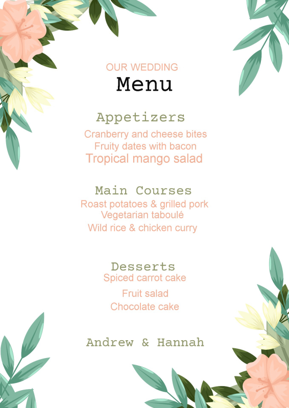 Aesthetic Floral Wedding Menu Template with Greenery and Pastel Accents