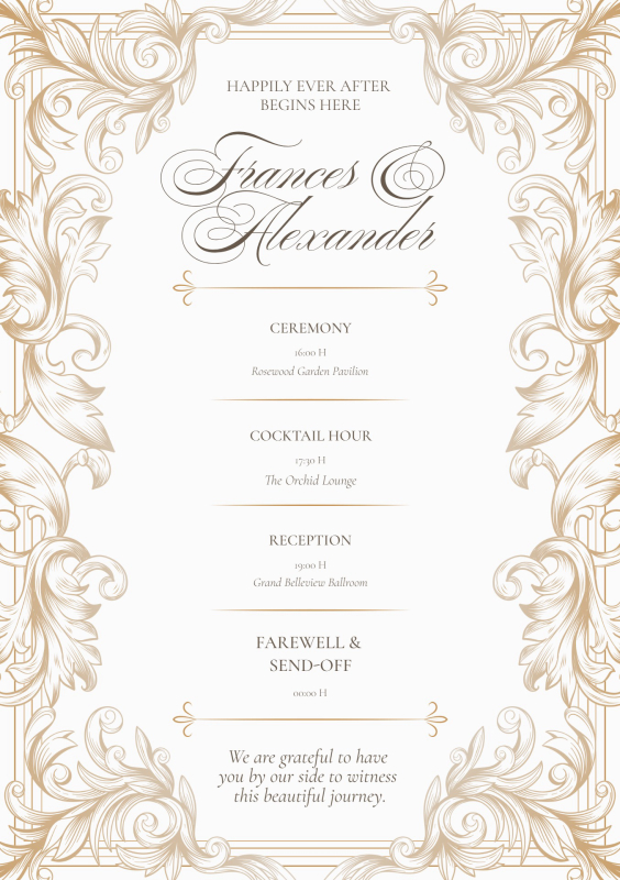 Artfully Elegant Wedding Program with Gold Floral Accents
