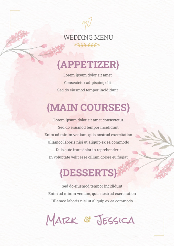 Artistic Floral Wedding Menu Template with Watercolor Accents