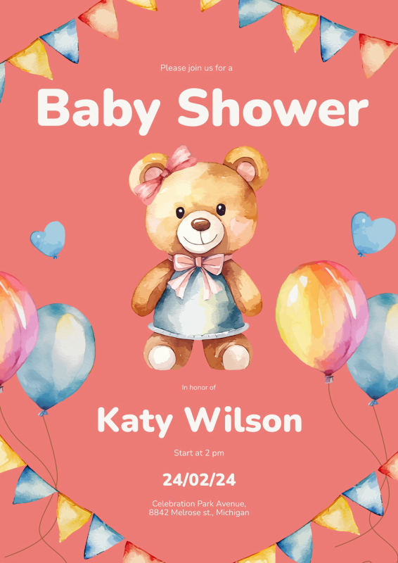 Charming Teddy Bear Baby Shower Invitation Template
