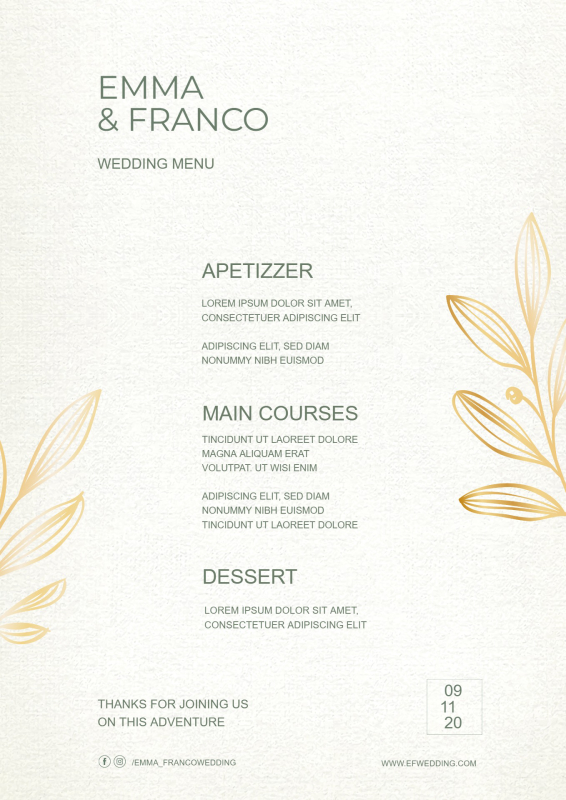 Delicate Green and Gold Wedding Menu Template