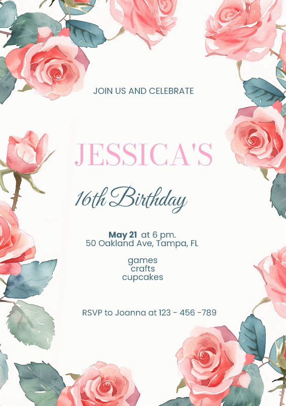 Delightful Floral Birthday Invitation Template with Pink Roses