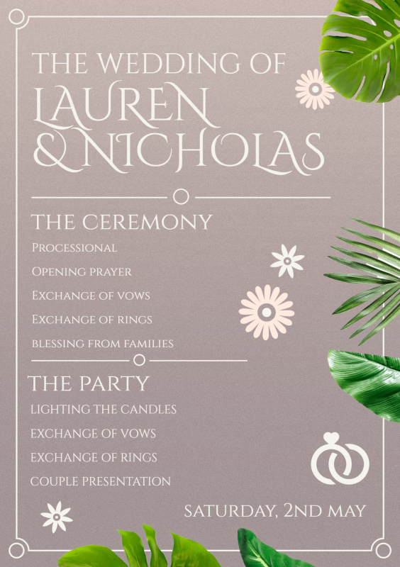 Delightful Tropical Wedding Program Template with Greenery