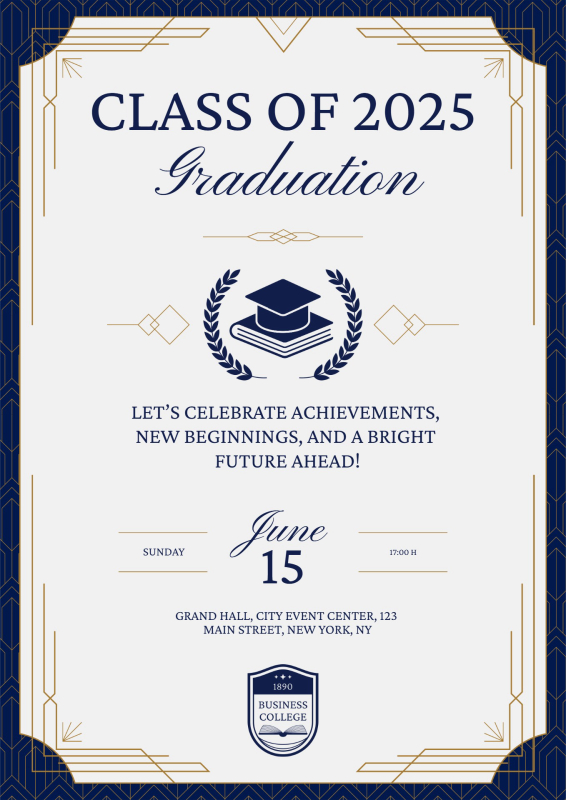 Distinguished Navy and Gold Art Deco Graduation Invitation Template