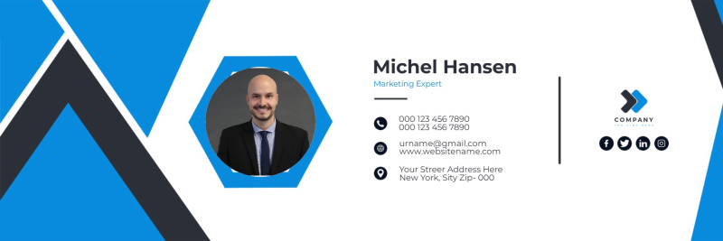Dynamic Blue and Black Geometric LinkedIn Banner Template with Photo and Social Icons