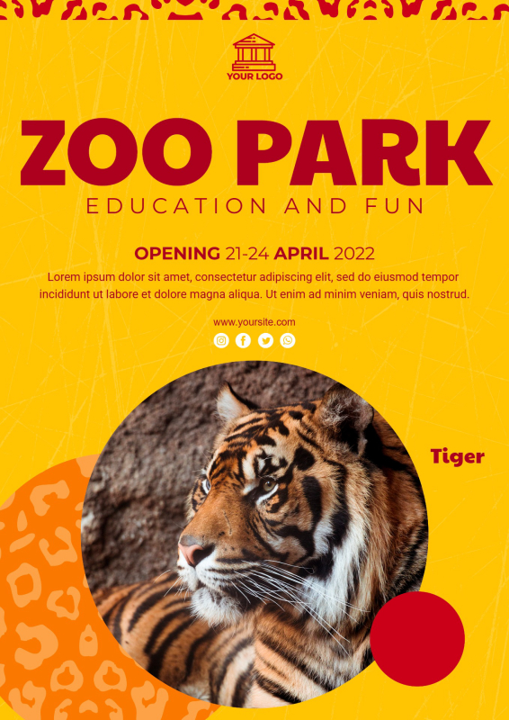 Dynamic Yellow Zoo Park Flyer with Tiger Photo and Animal Print Accents