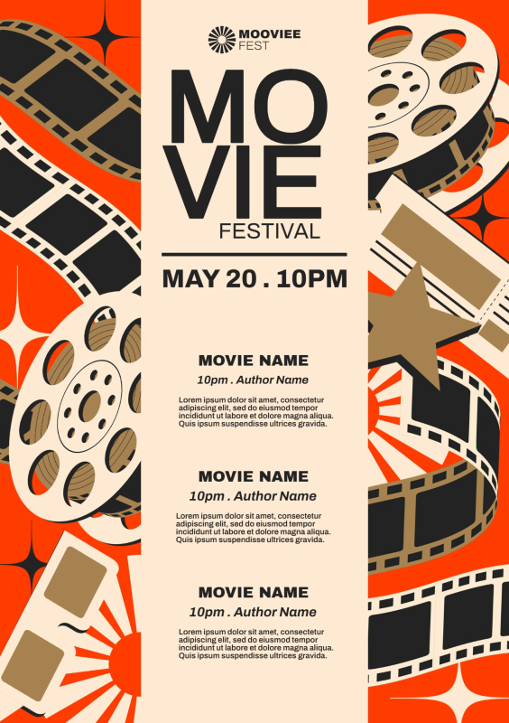 Eye-Catching Retro Film Festival Poster Template with Reels and Film Strips