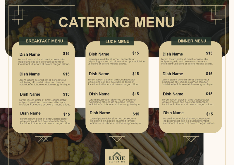 Impressive Beige and Green Catering Menu Template with Food Background