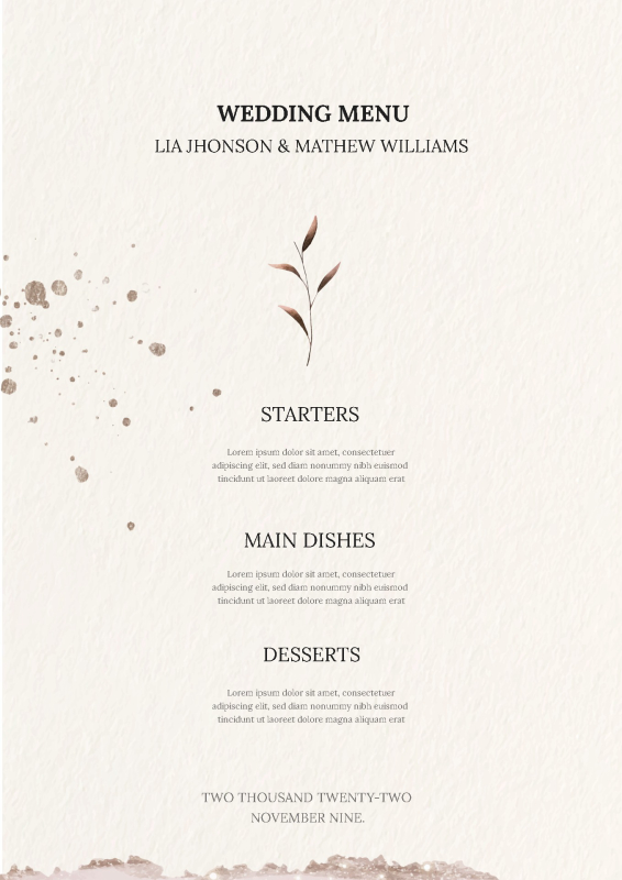 Light Beige Watercolor Wedding Menu Template with Elegant Leaf Motif