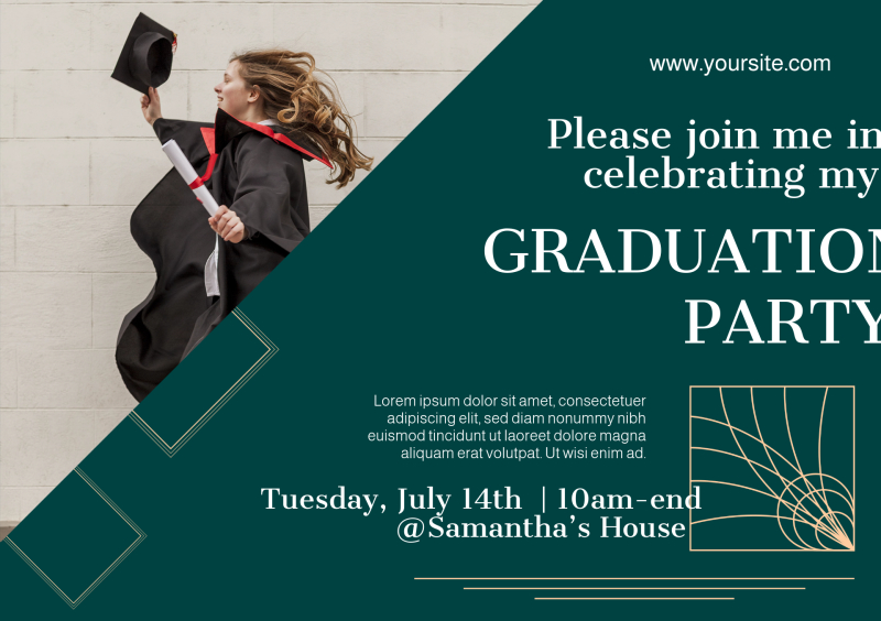 Lively Green and Gold Graduation Party Invitation Template with Modern Photo Layout
