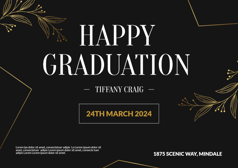 Modern Black and Gold Graduation Invitation Template with Elegant Floral Accents