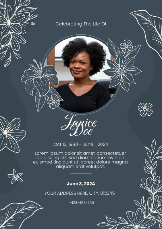 Navy Blue Floral Memorial Service Invitation Template