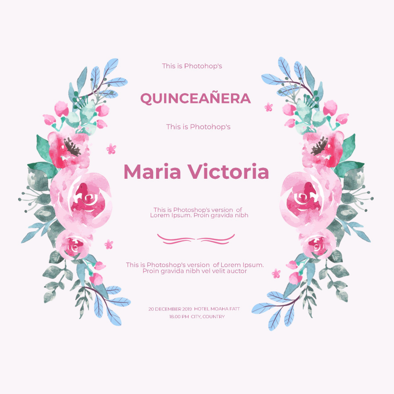 Ornate Floral Quinceañera Invitation Template with Watercolor Roses