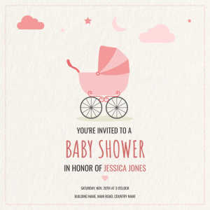 Outstanding Pink Baby Shower Invitation Template with Pram Design
