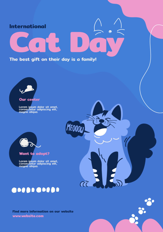 Template for International Cat Day Event with Blue and Pink Cartoon Design