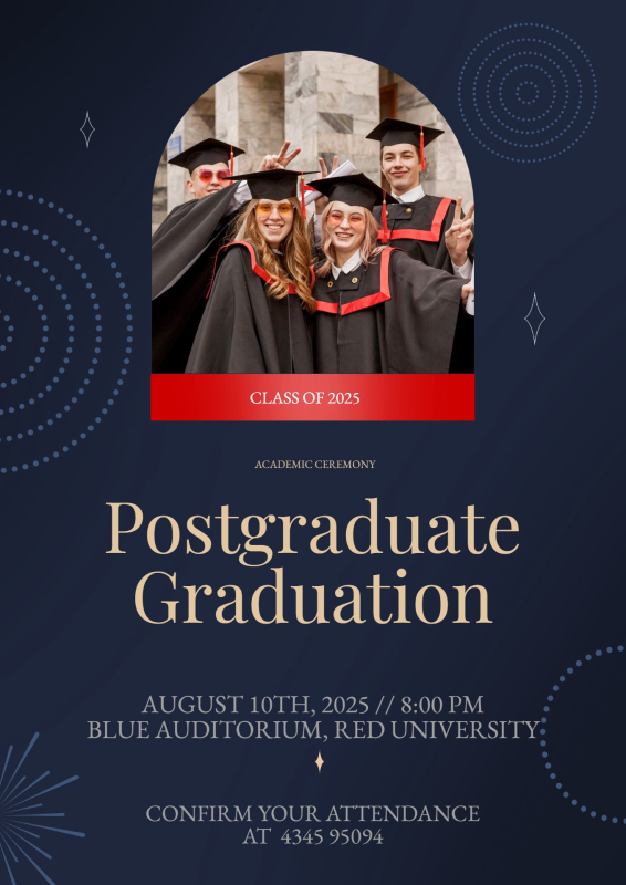 Timeless Navy and Gold Postgraduate Graduation Invitation with Photo and Red Accents
