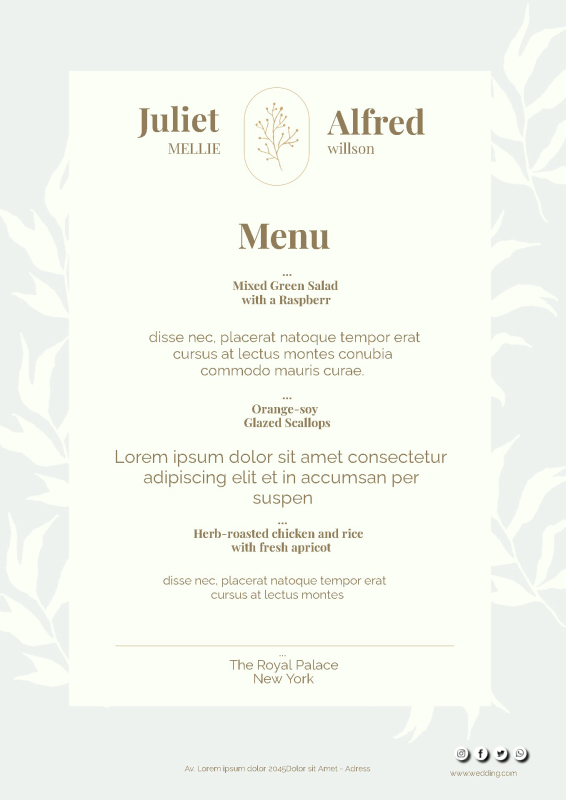 Timeless Sage Green Wedding Menu Template with Elegant Leaf Motif